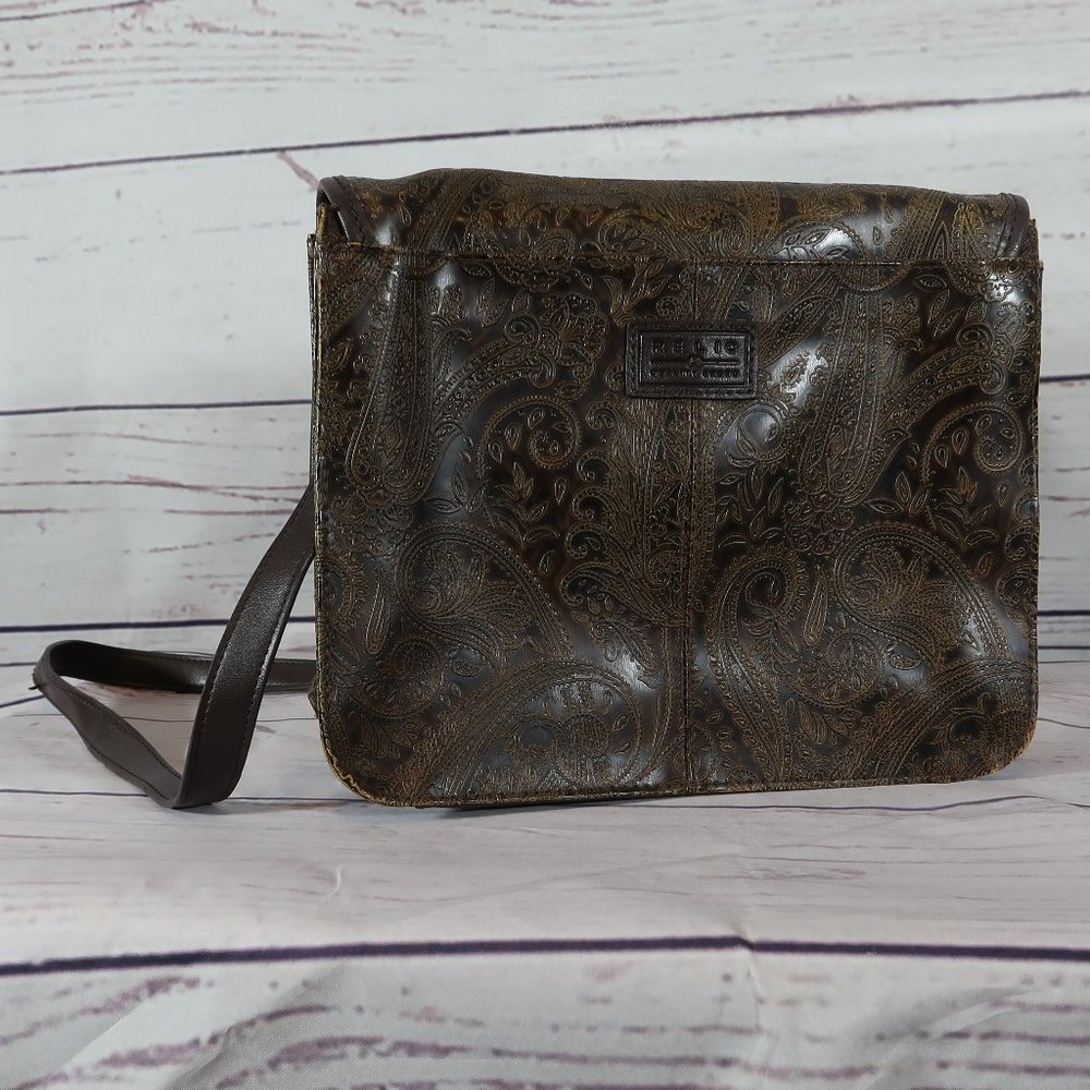Women's Embossed Paisley Leather Crossbody Bag - Brown - Picture 6 of 7